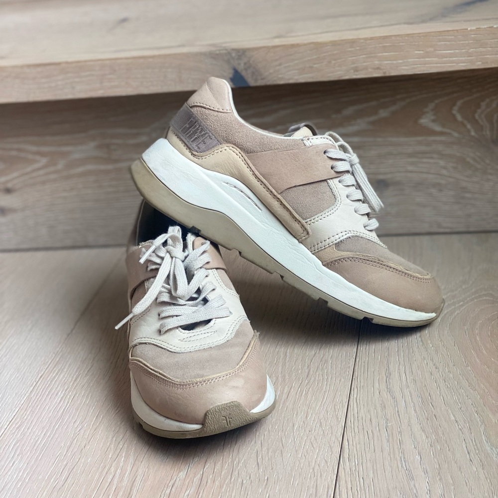 Frye sneakers, leather sneakers,beige, women, size 6.5.